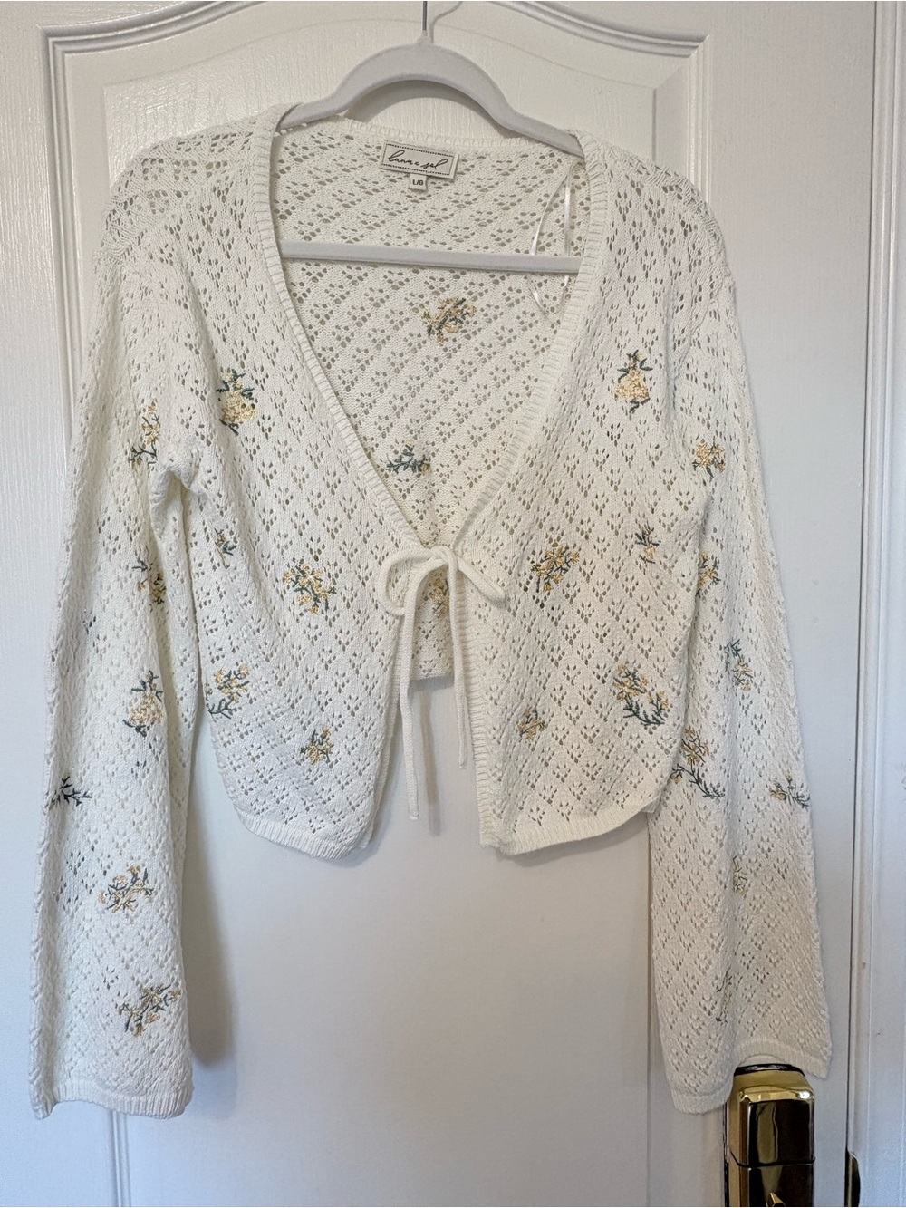 Cream Floral Tie-Front Knit Sweater